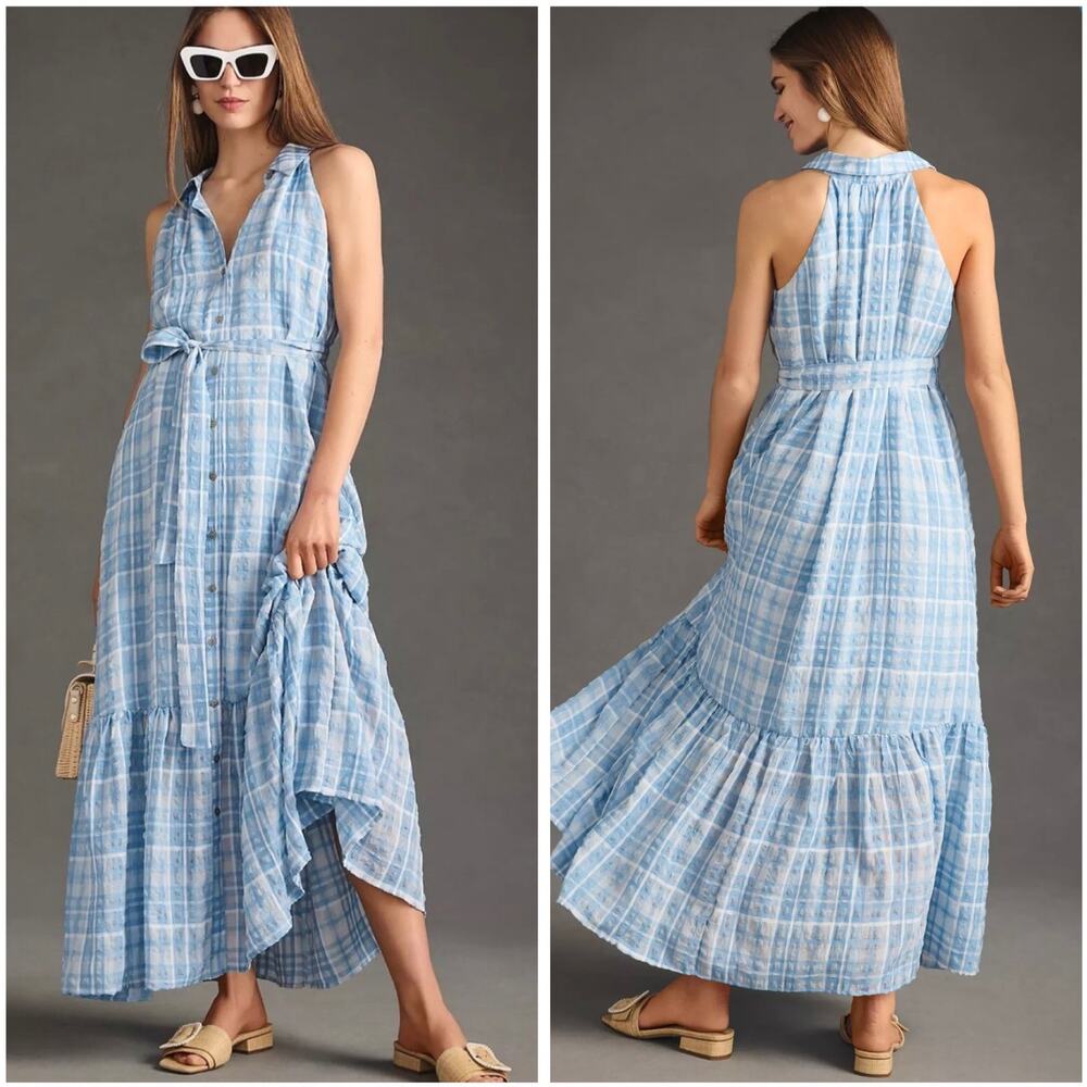 By Anthropologie Plaid Sleeveless Tiered Ruffle Hem Tie Waist Maxi Dress XL - Picture 15 of 15